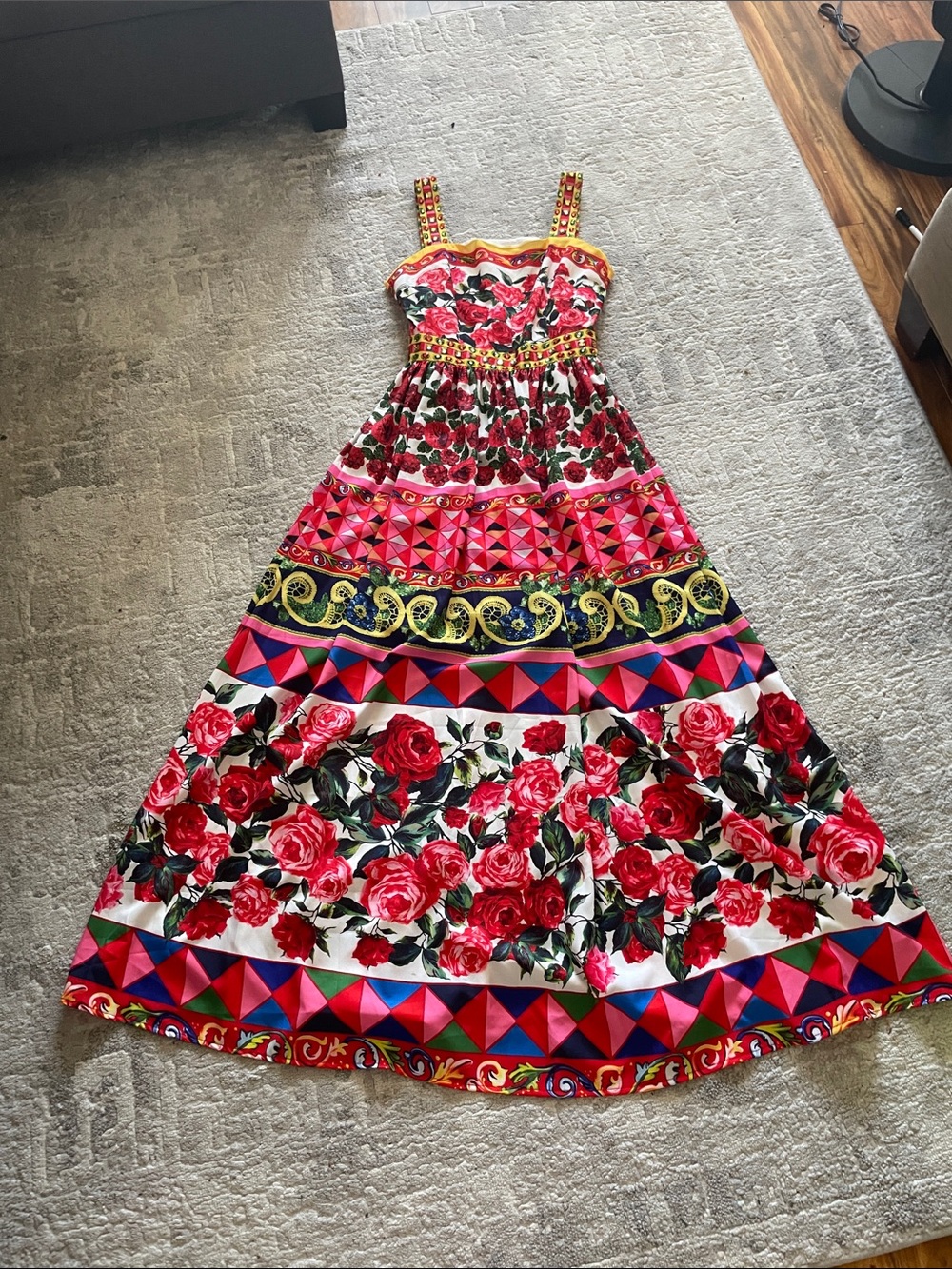 Red Floral Maxi Dress with Decorative Trim